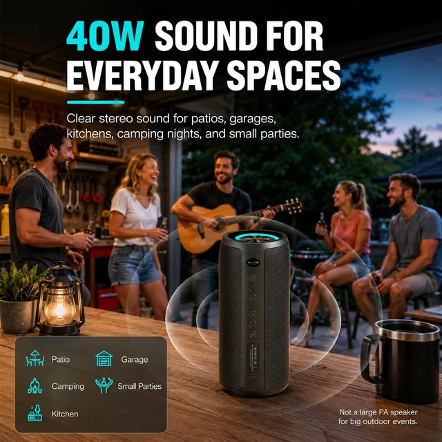 Alt view image 2 of 7 - MUSIBABY M88 40W Bluetooth Speaker, IPX6, 40H Playtime, Dark Gray | Portable 40W stereo sound with IPX6 splash protection, RGB lights, 40H playtime, Bluetooth 5.3 and dual pairing