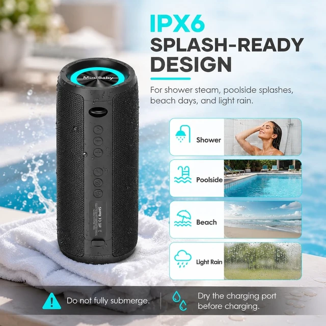 Alt view image 3 of 7 - MUSIBABY M88 40W Bluetooth Speaker, IPX6, 40H Playtime, Dark Gray | Portable 40W stereo sound with IPX6 splash protection, RGB lights, 40H playtime, Bluetooth 5.3 and dual pairing