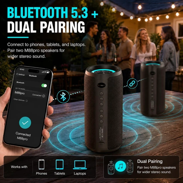 Alt view image 5 of 7 - MUSIBABY M88 40W Bluetooth Speaker, IPX6, 40H Playtime, Dark Gray | Portable 40W stereo sound with IPX6 splash protection, RGB lights, 40H playtime, Bluetooth 5.3 and dual pairing