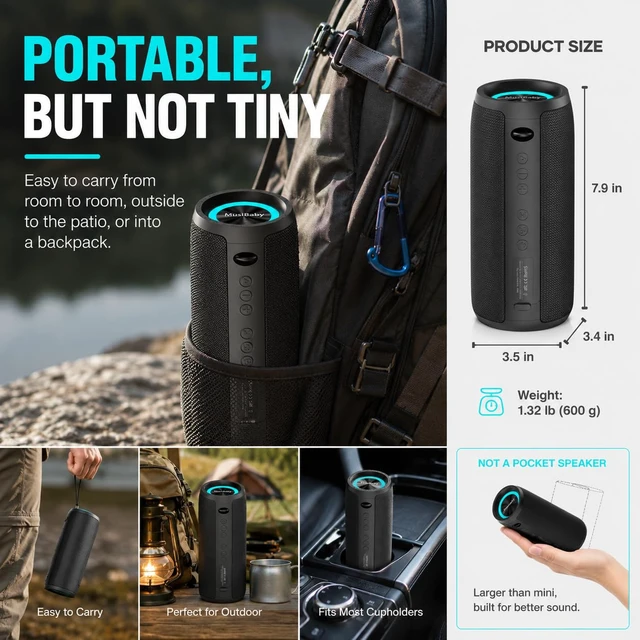 Alt view image 4 of 7 - MUSIBABY M88 40W Bluetooth Speaker, IPX6, 40H Playtime, Dark Gray | Portable 40W stereo sound with IPX6 splash protection, RGB lights, 40H playtime, Bluetooth 5.3 and dual pairing