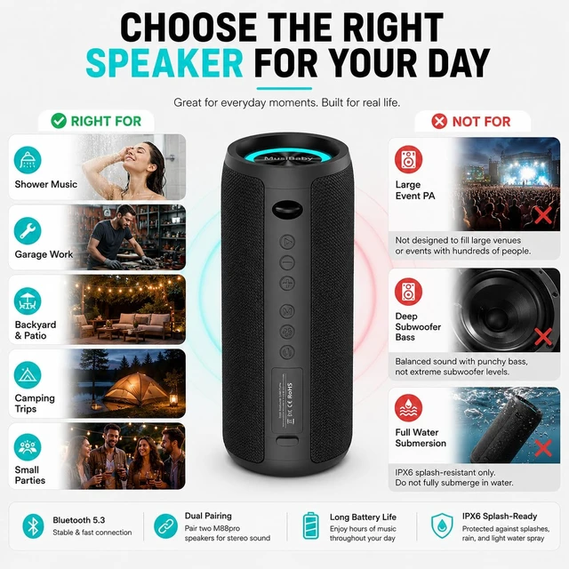 Alt view image 7 of 7 - MUSIBABY M88 40W Bluetooth Speaker, IPX6, 40H Playtime, Dark Gray | Portable 40W stereo sound with IPX6 splash protection, RGB lights, 40H playtime, Bluetooth 5.3 and dual pairing
