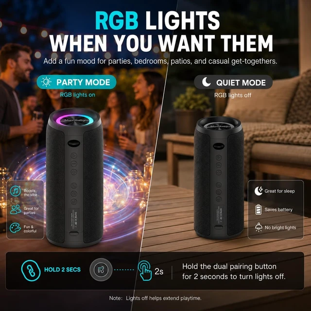 Alt view image 6 of 7 - MUSIBABY M88 40W Bluetooth Speaker, IPX6, 40H Playtime, Dark Gray | Portable 40W stereo sound with IPX6 splash protection, RGB lights, 40H playtime, Bluetooth 5.3 and dual pairing