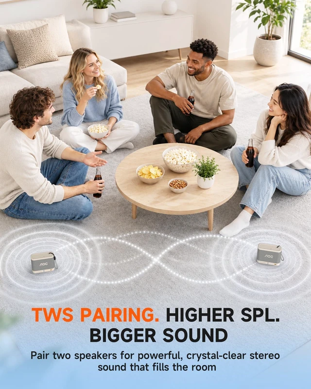 Alt view image 6 of 7 - AOC Portable Bluetooth Speaker, Shower Speaker, Wireless Stereo Pairing | BT 5.4, BassUp, IP65 Waterproof, Dustproof, 30-Hour Playtime, Compact Small for Home, Outdoors, Black