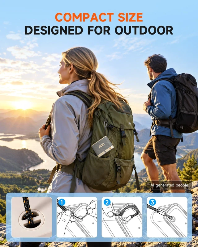 Alt view image 4 of 7 - AOC Portable Bluetooth Speaker, Shower Speaker, Wireless Stereo Pairing | BT 5.4, BassUp, IP65 Waterproof, Dustproof, 30-Hour Playtime, Compact Small for Home, Outdoors, Black