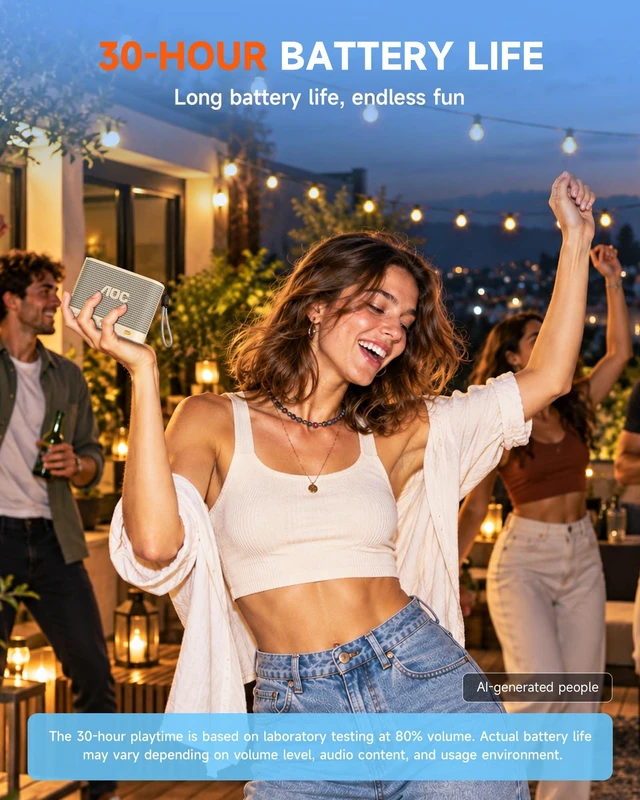 Alt view image 3 of 7 - AOC Portable Bluetooth Speaker, Shower Speaker, Wireless Stereo Pairing | BT 5.4, BassUp, IP65 Waterproof, Dustproof, 30-Hour Playtime, Compact Small for Home, Outdoors, Black