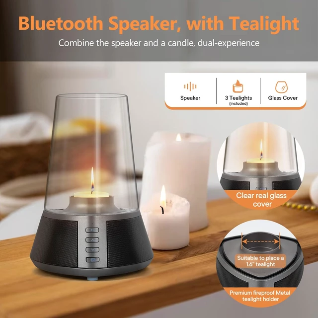 Alt view image 3 of 6 - Mufoli Portable Bluetooth Speaker, Wireless Speaker with Candle Holders,10W Powerful 360° Sound Speaker, TWS Pairing, SD Playback,Real Clear Glass Cover, for Home Decorations