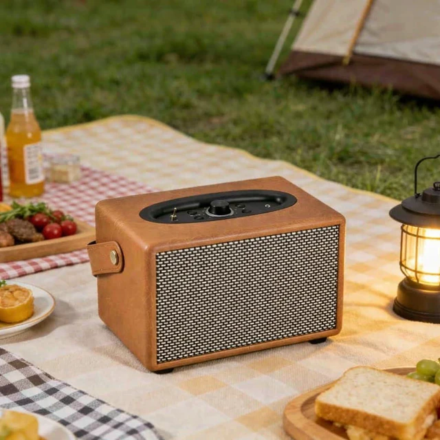 Alt view image 5 of 7 - PHASEOTECH Vintage Bluetooth Speaker, 50W Portable Wireless Speaker with Deep Bass, Rechargeable Battery, Bluetooth 5.0 and AUX Input for Home, Office, Party and Camping, Brown