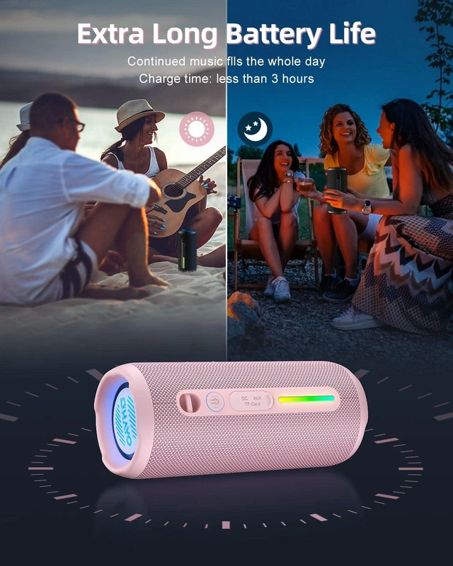 Alt view image 7 of 7 - OHAYO Portable Bluetooth Speaker IPX7 Waterproof, 24W Wireless Stereo Speaker with Extra Bass, Bluetooth 5.3, 30-Hour Playtime & Colorful LED Lights for Pool, Camping, Beach, Party (Black)