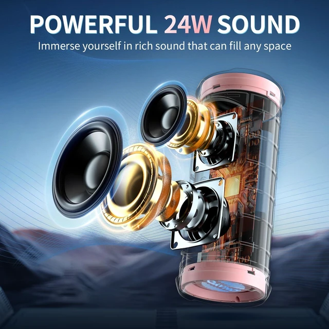Alt view image 2 of 7 - OHAYO Portable Bluetooth Speaker IPX7 Waterproof, 24W Wireless Stereo Speaker with Extra Bass, Bluetooth 5.3, 30-Hour Playtime & Colorful LED Lights for Pool, Camping, Beach, Party (Black)