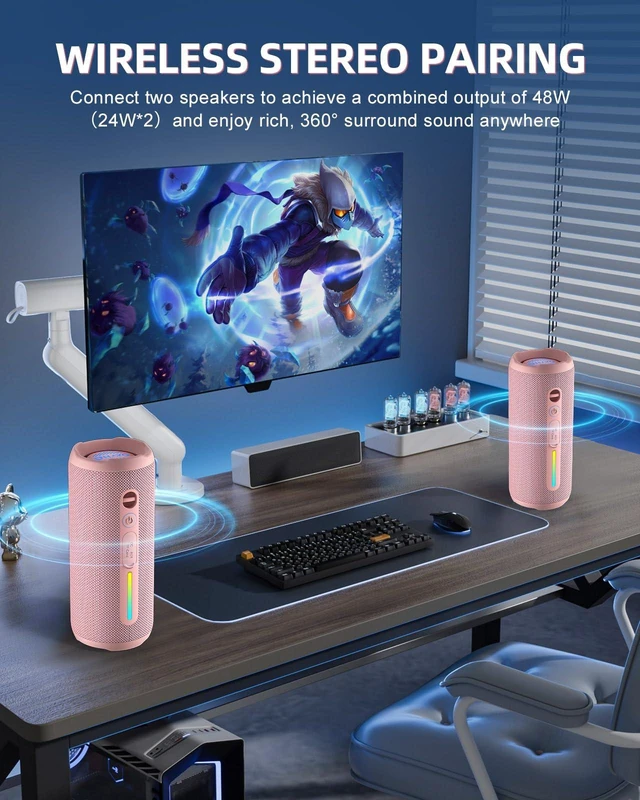 Alt view image 4 of 7 - OHAYO Portable Bluetooth Speaker IPX7 Waterproof, 24W Wireless Stereo Speaker with Extra Bass, Bluetooth 5.3, 30-Hour Playtime & Colorful LED Lights for Pool, Camping, Beach, Party (Black)