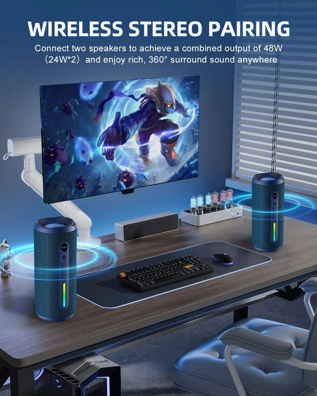 Alt view image 4 of 7 - OHAYO Portable Bluetooth Speaker, IPX7 Waterproof Wireless Speaker with 24W Stereo Sound, Active Extra Bass, Bluetooth 5.3, RGB Lights, Dual Pairing, Up to 30H Playtime for Home, Outdoor, Party