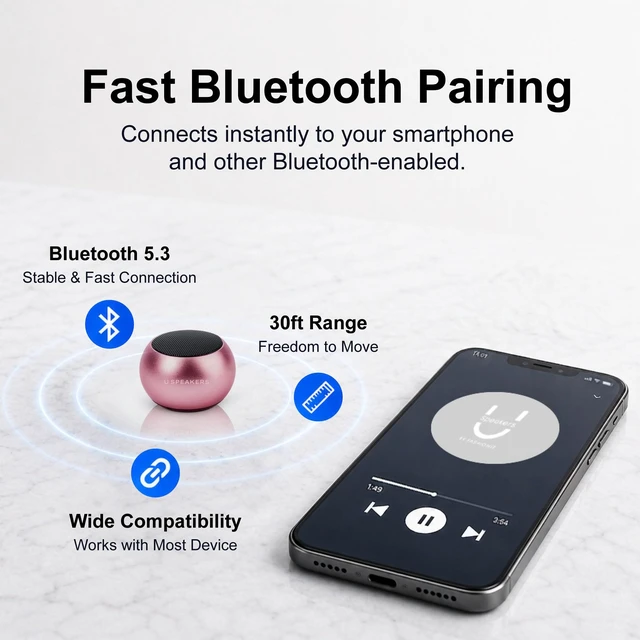 Alt view image 4 of 6 - Fashionit U Mini Bluetooth Speaker, Portable Small Magnetic, Pink | aluminum shell, magnetic base, golf cart mount, TWS stereo pair, 30 ft range, rechargeable, travel and gift use