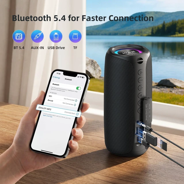 Alt view image 4 of 7 - ZEALOT 30W Max Portable Bluetooth Speaker with Deep Bass Stereo Sound/TWS Pairing/Bluetooth 5.4/3600mAh Capacity/RGB Colorful Lights for Home, Outdoor, CampingBlack
