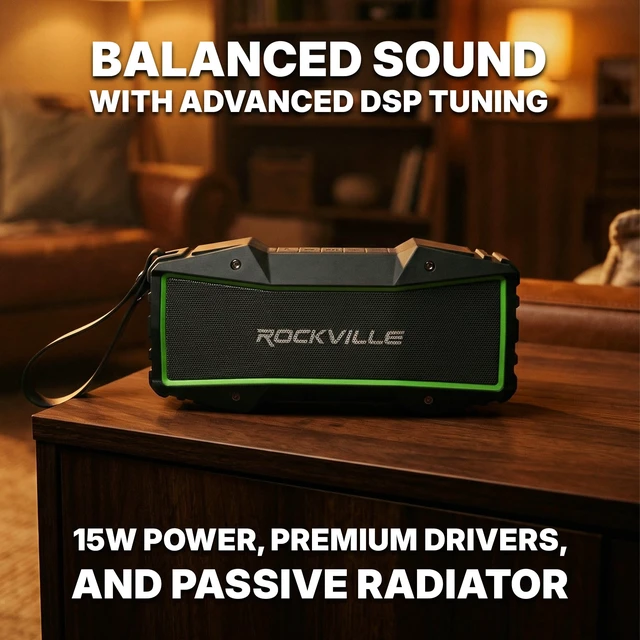 Alt view image 2 of 7 - Rockville Rock Everywhere Black Portable Bluetooth Speaker IPX6 Waterproof | TWS Wireless Stereo Link, 15W RMS, 3.5mm Aux / TF Card, USB Charging, Built-in Mic, 47-Hour Battery, Bar Mount Included
