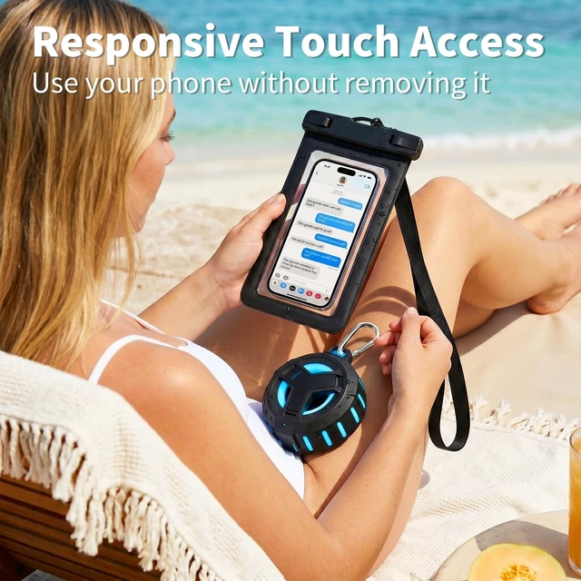 Alt view image 2 of 7 - EBODA Bluetooth Shower Speaker with Waterproof Phone Pouch, Gifts for Men | Rugged & Ready for Any Wet Adventure, Stuff for Boat, Travel, Beach, Cruise Essentials, Touch Screen, Lanyard Included