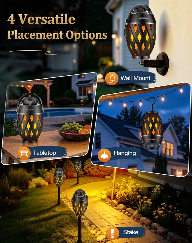 Alt view image 6 of 7 - INSSISAIN Outdoor Bluetooth Speakers with Handle, 2-Pack Patio Speakers with Flame Light, Multi-Sync up to 100, BT 5.4, 360° Stereo Sound, IP65 Water-Resistant, Gifts for Men Dad, Beach Camping