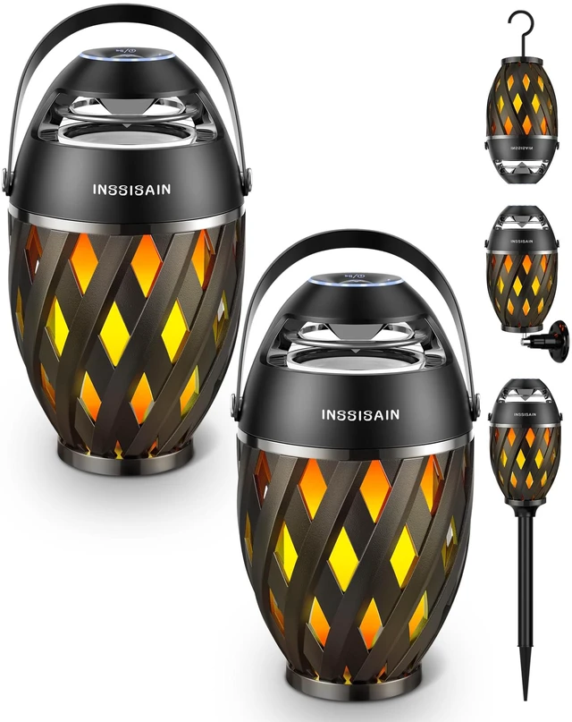 Main image of INSSISAIN Outdoor Bluetooth Speakers with Handle, 2-Pack Patio Speakers with Flame Light, Multi-Sync up to 100, BT 5.4, 360° Stereo Sound, IP65 Water-Resistant, Gifts for Men Dad, Beach Camping