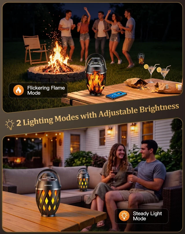 Alt view image 4 of 7 - INSSISAIN Outdoor Bluetooth Speakers with Handle, 2-Pack Patio Speakers with Flame Light, Multi-Sync up to 100, BT 5.4, 360° Stereo Sound, IP65 Water-Resistant, Gifts for Men Dad, Beach Camping