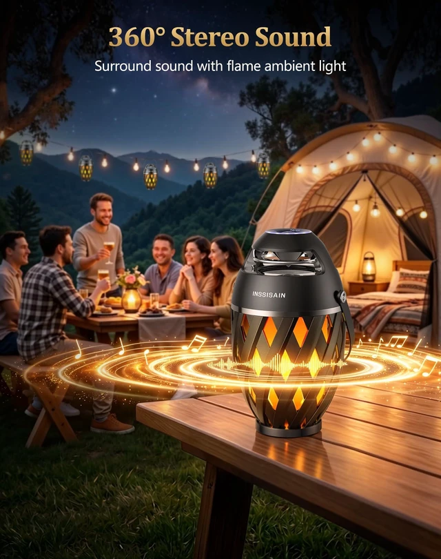 Alt view image 3 of 7 - INSSISAIN Outdoor Bluetooth Speakers with Handle, 2-Pack Patio Speakers with Flame Light, Multi-Sync up to 100, BT 5.4, 360° Stereo Sound, IP65 Water-Resistant, Gifts for Men Dad, Beach Camping
