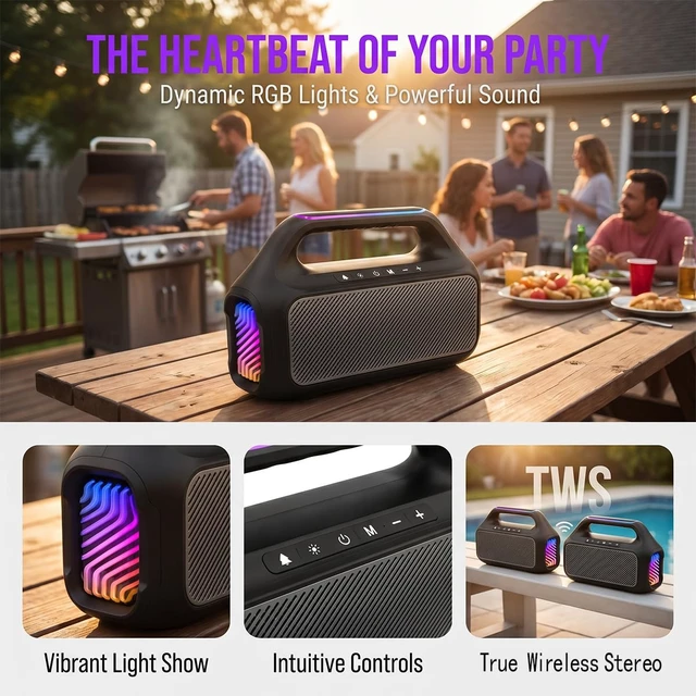 Alt view image 4 of 7 - T&G Portable Bluetooth Speaker with Handle, IPX5 Waterproof | IPX5 Waterproof, 4500mAh Long Battery Life, RGB LED Lights, Loud Stereo Sound for Outdoor, Party, Camping & Home , BLACK