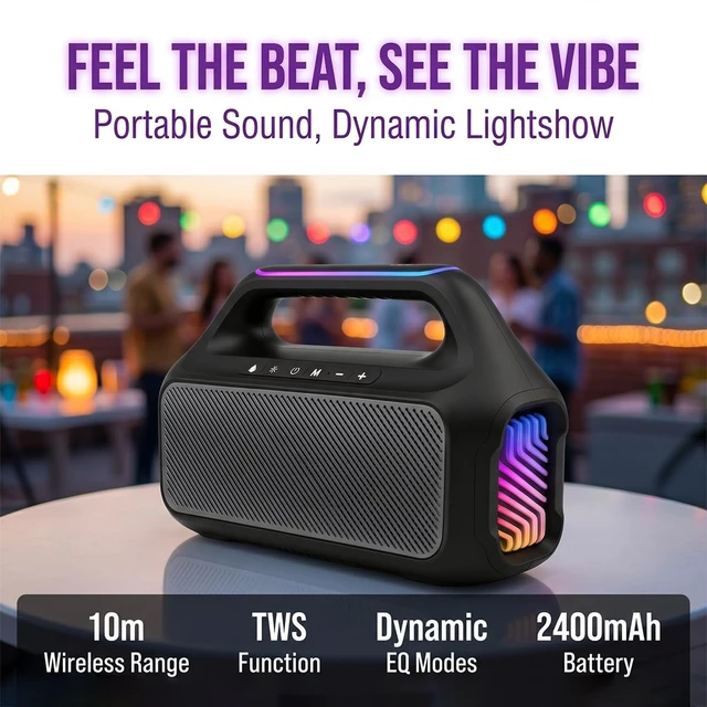 Alt view image 7 of 7 - T&G Portable Bluetooth Speaker with Handle, IPX5 Waterproof | IPX5 Waterproof, 4500mAh Long Battery Life, RGB LED Lights, Loud Stereo Sound for Outdoor, Party, Camping & Home , BLACK