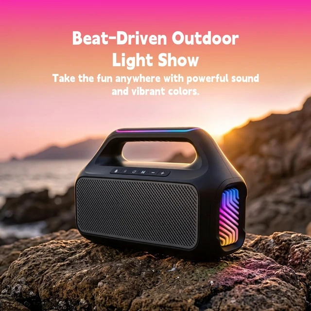 Alt view image 2 of 7 - T&G Portable Bluetooth Speaker with Handle, IPX5 Waterproof | IPX5 Waterproof, 4500mAh Long Battery Life, RGB LED Lights, Loud Stereo Sound for Outdoor, Party, Camping & Home , BLACK