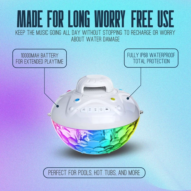 Alt view image 3 of 7 - Skywin Floating Pool Speaker with Fountain & RGB Lights, 24H Playtime | 3 in 1 Bluetooth 5.4 Waterproof Speaker, 10000mAh BatteryIP68 Shower Speaker,Inflatable Hot Tub Accessories