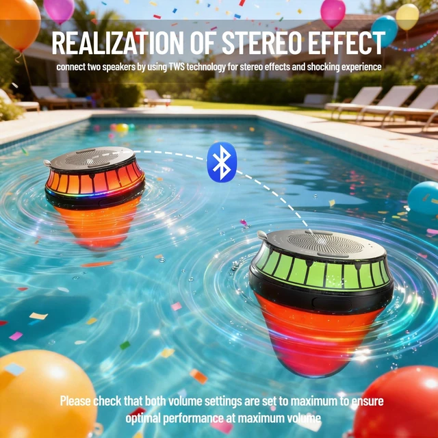 Alt view image 4 of 7 - WNWT Floating Speaker for Pool, IPX7 Waterproof Floating Hot Tub Speaker with Colorful Lights, 15W Stereo Loud Sound, TWS, Portable, Wireless Must Have Gifts for Shower, Spa, Beach
