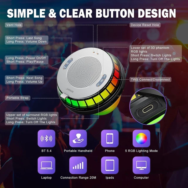 Alt view image 6 of 7 - WNWT Floating Speaker for Pool, IPX7 Waterproof Floating Hot Tub Speaker with Colorful Lights, 15W Stereo Loud Sound, TWS, Portable, Wireless Must Have Gifts for Shower, Spa, Beach