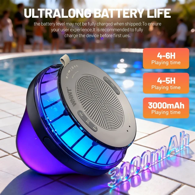Alt view image 5 of 7 - WNWT Floating Speaker for Pool, IPX7 Waterproof Floating Hot Tub Speaker with Colorful Lights, 15W Stereo Loud Sound, TWS, Portable, Wireless Must Have Gifts for Shower, Spa, Beach