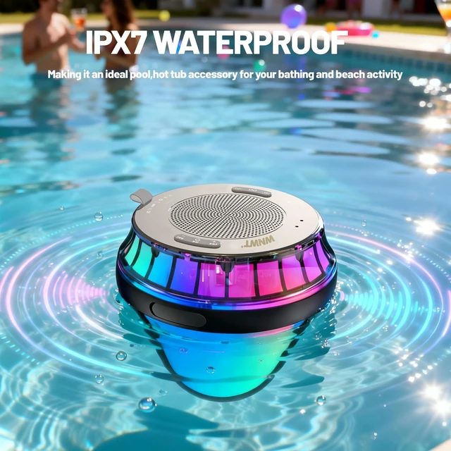 Alt view image 3 of 7 - WNWT Floating Speaker for Pool, IPX7 Waterproof Floating Hot Tub Speaker with Colorful Lights, 15W Stereo Loud Sound, TWS, Portable, Wireless Must Have Gifts for Shower, Spa, Beach