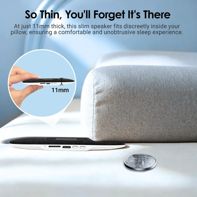 Alt view image 7 of 7 - Under Pillow Speaker for Sleeping with LED Display, Black | Smart LED Display: Time, Lyrics, Battery Status & Volume Level. Built-in 500mAh Battery. 11mm Ultra-Flat. TF Card MP3 Player.