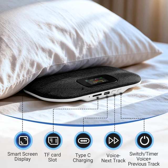 Alt view image 6 of 7 - Under Pillow Speaker for Sleeping with LED Display, Black | Smart LED Display: Time, Lyrics, Battery Status & Volume Level. Built-in 500mAh Battery. 11mm Ultra-Flat. TF Card MP3 Player.