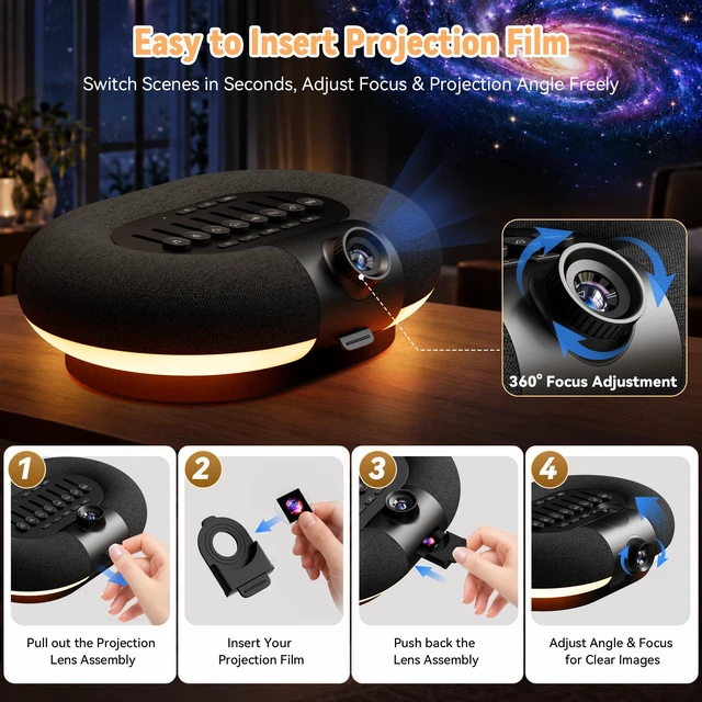 Alt view image 5 of 7 - Bluetooth Speaker with Galaxy Projector Night Light, 8 White Noise Timer | 8 Projection Films Ceiling Projector for Bedroom Adjustable 360° Rotation, Nature Sounds Auto-off, 6.0 Bluetooth Dual Speaker