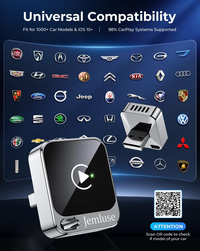 Alt view image 7 of 7 - Jemluse Wireless CarPlay Adapter for Apple, Mini Car Play Dongle for iPhone iOS 10+, Plug & Play for Cars from 2016+ w/USB-C, Works with CarPlay-Enabled Marine Stereo Receivers & Head Units
