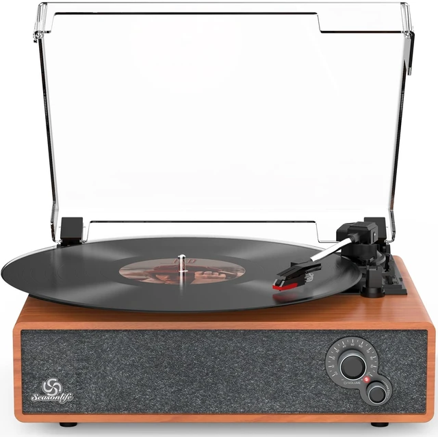 Main image of Vinyl Record Player Vintage Turntable for Vinyl Records LP Phonograph Auto Stop Tone Adjustment Belt Drive 3 Speed 3 Size Support Wireless Input RCA Output Retro Walnut Red Brown