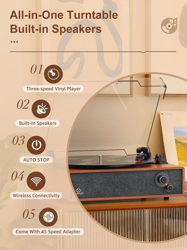 Alt view image 5 of 7 - Vinyl Record Player Vintage Turntable for Vinyl Records LP Phonograph Auto Stop Tone Adjustment Belt Drive 3 Speed 3 Size Support Wireless Input RCA Output Retro Walnut Red Brown