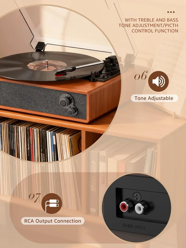 Alt view image 6 of 7 - Vinyl Record Player Vintage Turntable for Vinyl Records LP Phonograph Auto Stop Tone Adjustment Belt Drive 3 Speed 3 Size Support Wireless Input RCA Output Retro Walnut Red Brown