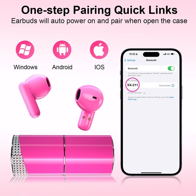 Alt view image 6 of 6 - Samildanach Lipstick Wireless Earbuds, Bluetooth 5.3 with Noise Reduction, Comfortable Semi-in-Ear Design, Type-C Fast Charging (Pink)