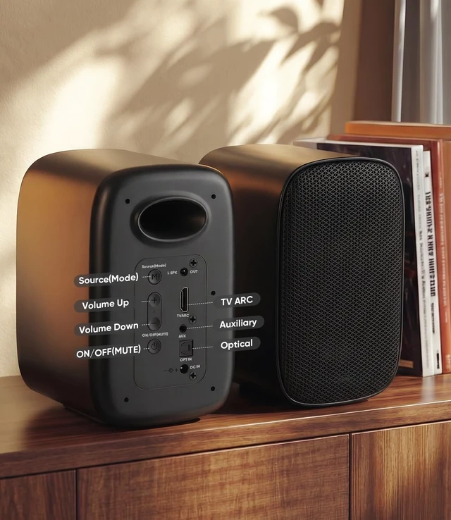 Alt view image 4 of 6 - RIOWOIS 25W*2 Powered Bookshelf Speakers for Turntable | Bluetooth, TV ARC, Optical, AUX Inputs; Stereo Speakers for Record Player, TV