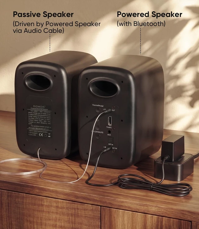 Alt view image 6 of 6 - RIOWOIS 25W*2 Powered Bookshelf Speakers for Turntable | Bluetooth, TV ARC, Optical, AUX Inputs; Stereo Speakers for Record Player, TV