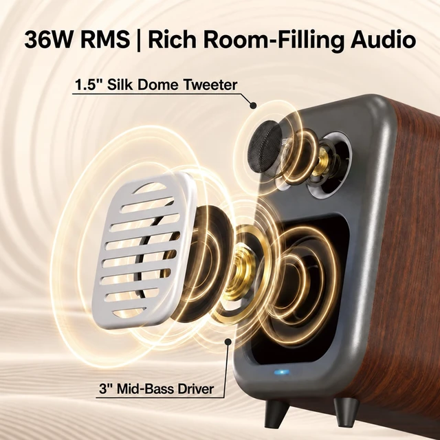 Alt view image 4 of 6 - 36W Powered Bookshelf Speakers with Bluetooth, Solid Wood | 3-Inch Midwoofers / Silk Dome Tweeters / Optical, USB, RCA & Coaxial Inputs / Bass & Treble Control / Subwoofer Out