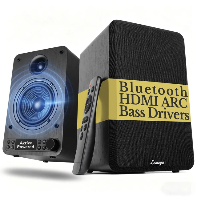 Main image of LEMEGA Core X1 Active Bookshelf Speakers, 40W Stereo, HDMI ARC, Bluetooth | Optical, RCA, AUX & USB inputs, dimmable LED display, bass and treble control, remote included, matched 4in drivers, 40W