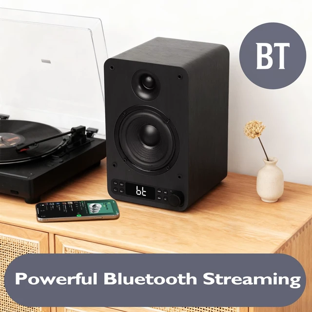 Alt view image 6 of 7 - LEMEGA Core X1 Active Bookshelf Speakers, 40W Stereo, HDMI ARC, Bluetooth | Optical, RCA, AUX & USB inputs, dimmable LED display, bass and treble control, remote included, matched 4in drivers, 40W