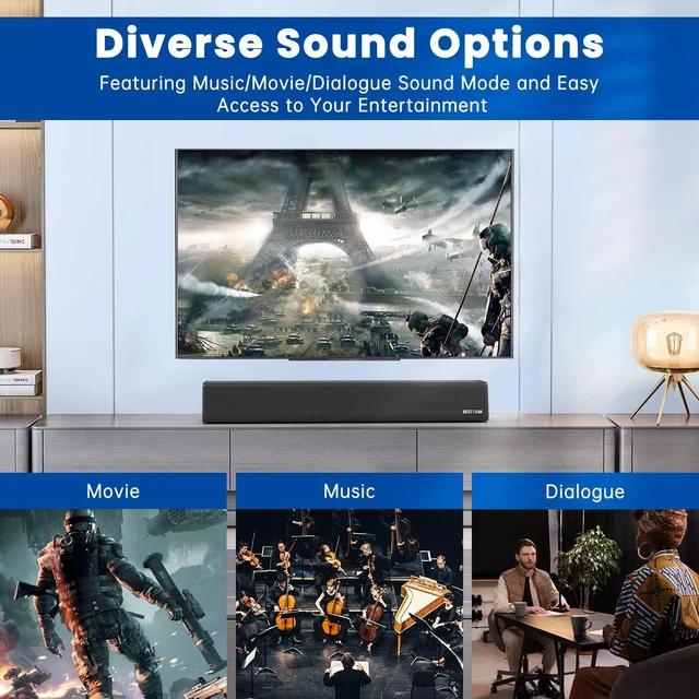 Alt view image 3 of 7 - BESTISAN Sound Bars for TV, PC, Gaming, Monitor, 50 Watts Sound Bar with Bluetooth 5.0/HDMI ARC/Optical/Sub Out/AUX/USB Connections, 3 Audio Modes, Bass Adjustable, 16 Inch, Wall Mountable (Black)