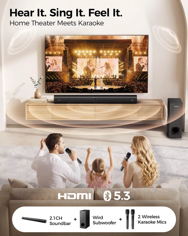 Alt view image 2 of 7 - SunTrok Karaoke Soundbar with Subwoofer for TV and 2 Wireless Microphones | 2.1CH Surround Sound System, TV Soundbar Speaker with Microphones, Home Theater, Bluetooth 5.3, HDMI ARC, Optical, AUX