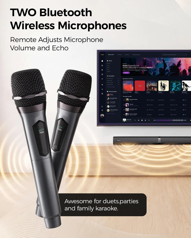 Alt view image 5 of 7 - SunTrok Karaoke Soundbar with Subwoofer for TV and 2 Wireless Microphones | 2.1CH Surround Sound System, TV Soundbar Speaker with Microphones, Home Theater, Bluetooth 5.3, HDMI ARC, Optical, AUX