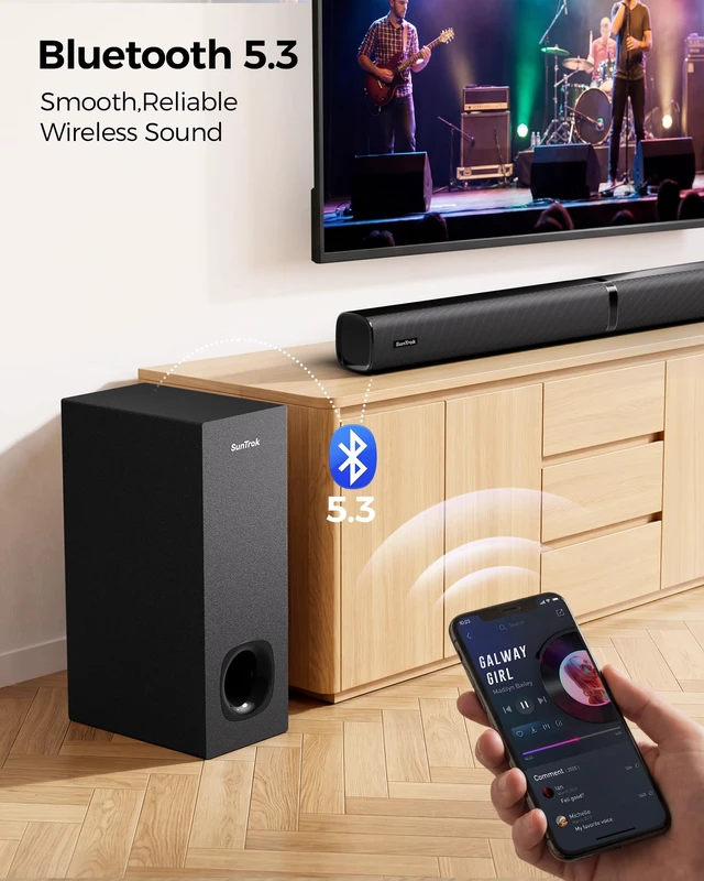 Alt view image 7 of 7 - SunTrok Karaoke Soundbar with Subwoofer for TV and 2 Wireless Microphones | 2.1CH Surround Sound System, TV Soundbar Speaker with Microphones, Home Theater, Bluetooth 5.3, HDMI ARC, Optical, AUX