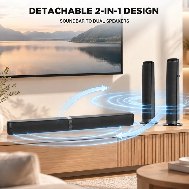 Alt view image 2 of 7 - MZEIBO Sound Bar with Subwoofer, 120W Peak 2.1 CH Detachable Soundbar for TV, 2-in-1 Home Theater Audio System with DSP, Bluetooth 5.3, HDMI ARC, Optical & AUX for Movies, Music & Gaming