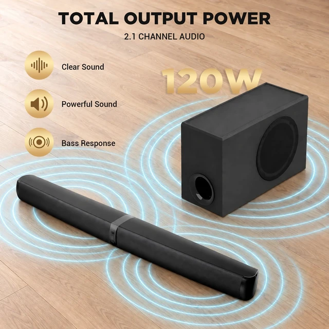 Alt view image 3 of 7 - MZEIBO Sound Bar with Subwoofer, 120W Peak 2.1 CH Detachable Soundbar for TV, 2-in-1 Home Theater Audio System with DSP, Bluetooth 5.3, HDMI ARC, Optical & AUX for Movies, Music & Gaming